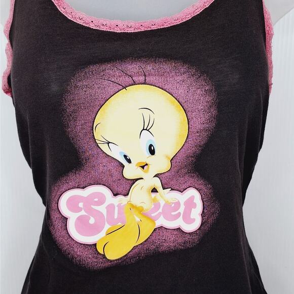 Vintage Y2K Tweety Bird Sweet Tank Top Looney Tunes Racerback Lettuce Lace S/M - Picture 2 of 12